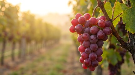Fototapeta premium Freshly harvested red and green grapes resting on a wooden crate in a sunlit vineyard at harvest time