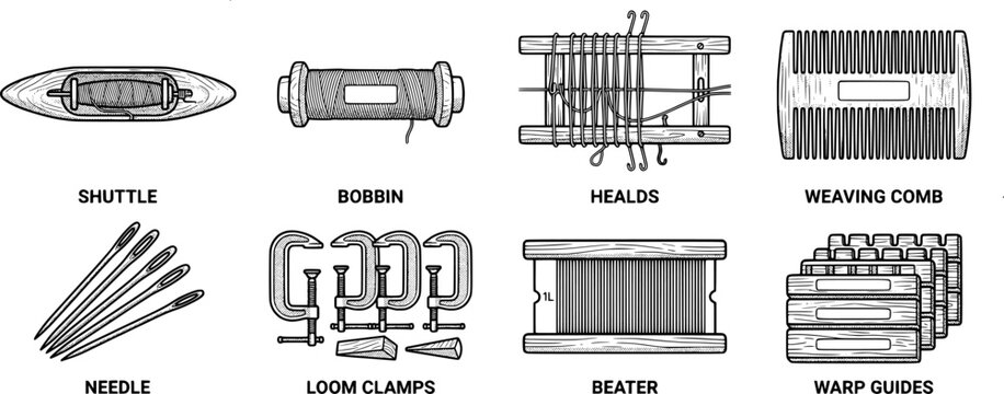 Flat line art vector icons of traditional loom shuttle bobbin weaving comb needle warp heddle beater clamp close up top
