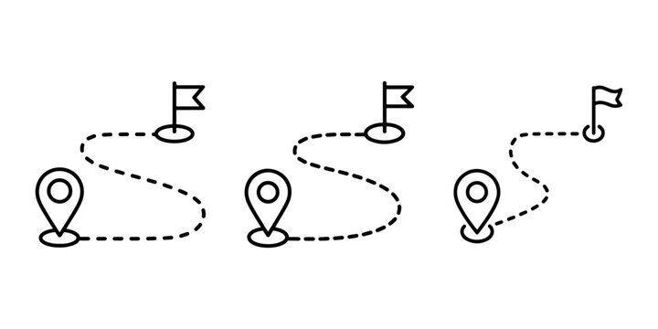 Route map icon set with destination pins and starting points connected by dashed lines for navigation and travel planning journey tracking symbol collection
