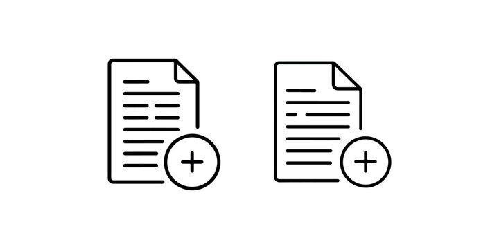 Add new document vector icon set showing paper sheets with text lines and plus sign symbols for digital file management and content creation interfaces