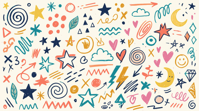 Handdrawn Doodle Elements Various Shapes and Symbols Colorful Fun Style