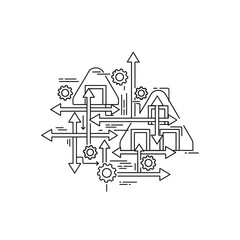 Obraz premium Abstract illustration of interconnected systems with arrows and gears, representing data flow and process management.