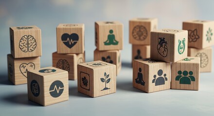 Obraz premium Wooden blocks with health and wellness icons placed on a light surface