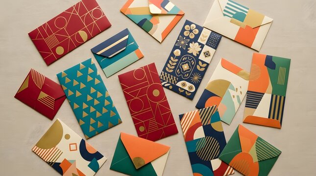 Flat lay of colorful Chinese New Year red packets and ang pow envelopes arranged in a circular pattern on a white background