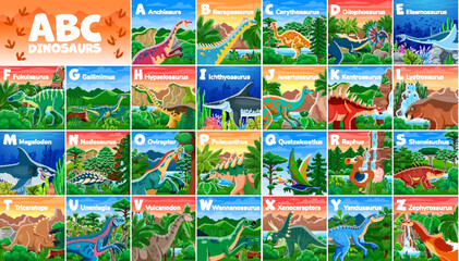 Kids dinosaurs english alphabet font typeset. English alphabet vector letters, extinct reptiles font typeset with prehistoric land and aquatic dinosaurs cute cartoon character in jungle landscape © Vector Tradition