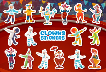 Circus clown characters stickers pack on arena stage. Funny clowns and cheerful mimes in colorful wigs and various costumes vector characters performing twisting, riding unicycle on circus arena © Vector Tradition