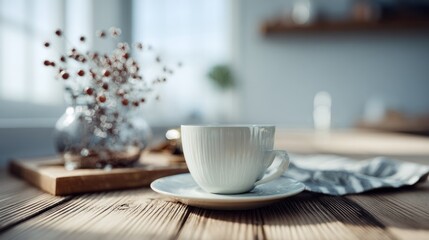 Fototapeta premium Minimalist Still Life with White Cup and Striped Cloth on Wooden Table in Bright Kitchen Setting