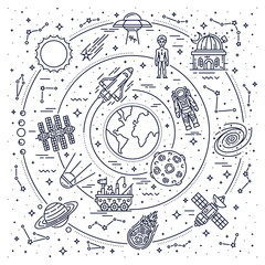 Line galaxy landscape with stars and modern space technology. Cosmos research or discovery outline vector background with Earth globe, astronaut and alien, shuttle spaceship, planet and constellations © Vector Tradition