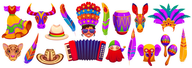 Naklejka premium Barranquilla Colombian carnival holiday set. Vector Latin American festival traditional costumes, feathers, drum, maracas, animal masks, hats and instruments for celebrating culture and music carnival