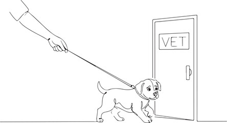 Fototapeta premium Continuous Line Drawing of a Hesitant Puppy Being Led to a Veterinary Clinic Door by its Owner for Medical Checkup.