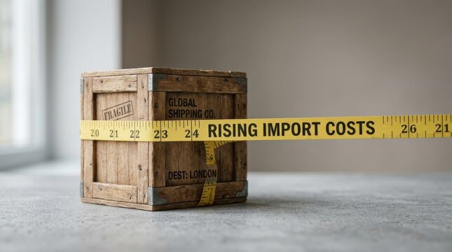 wooden shipping crate wrapped with measuring tape rising import cost concept