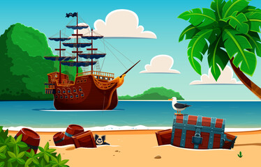 Naklejka premium Pirate sail ship near the tropical Caribbean island, treasure chest and barrels on the sand beach, vector game background. Cartoon pirate treasure island landscape with sail ship anchoring in lagoon