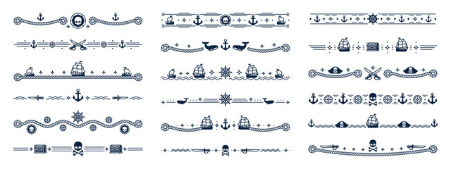 Pirate frame border and corsair dividers, piracy decorations. Sea ship ropes vector dividers set with sailor pirate knots, sail boats and treasure chests, corsair captain hats, skulls and crossbones © Vector Tradition