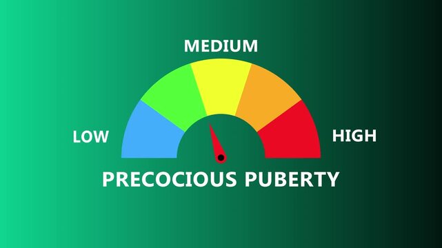 Precocious puberty severity indicator on green interface with vibrant arc spectrum and central needle showing early growth level from low to high in advanced digital healthcare monitoring dashboard