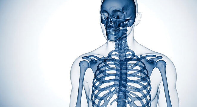 Human skeleton x ray view showing skull rib cage and shoulder bones on a white background scan