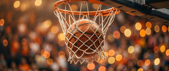 Naklejka premium Cinematic close-up of a basketball swishing through the net with golden bokeh crowd background during a tournament.