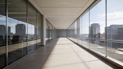 Fototapeta premium Blurred office hallway with glass walls and neutral colors creates a sense of space. Professional photos for backgrounds for text, banners, posters, and web displays. High quality