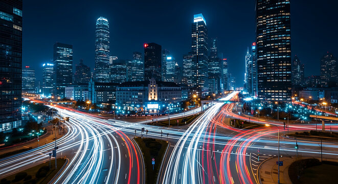 Cityscape at night with long exposure of traffic lights and illuminated buildings in the background