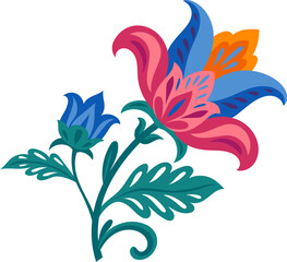 Mexican folklore traditional abstract flower element with pink and blue buds. Mexico folk nature decor, Latin American culture plant isolated vector object. Mexican flower decoration or element © Vector Tradition