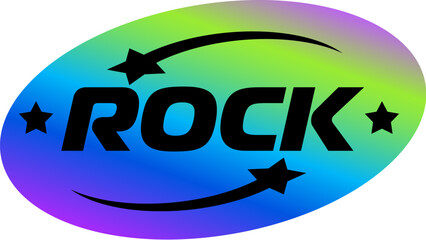 Obraz premium Rock music hologram retro Y2K sticker or label. Metallic color hologram vintage patch, glossy holographic oval Y2K vector label. Reflective foil sticker with black typography and shooting stars