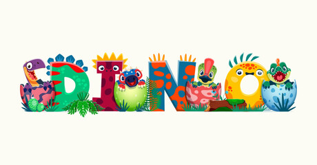 Dino kids in egg shell funny cartoon typography. Paleontology reptiles kids funny vector personages. Prehistoric dinosaurs funny typography with newborn baby dinosaurs characters in egg shells © Vector Tradition