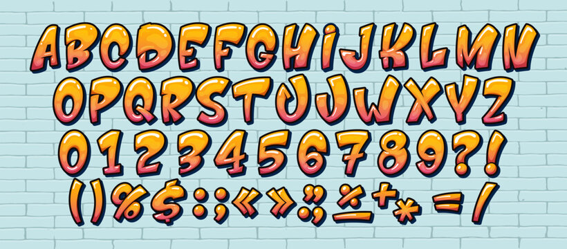 Street art graffiti font, urban typeface letters of english alphabet vector typography set. Cartoon spray paint abc type on old brick wall texture background. Hip hop graffiti letters and numbers font