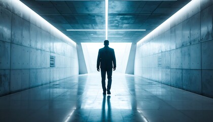 Fototapeta premium Man walking towards bright light at the end of a futuristic corridor
