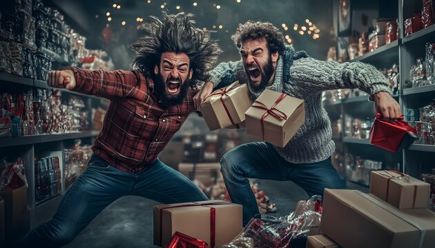 Two men fighting over Black Friday items.