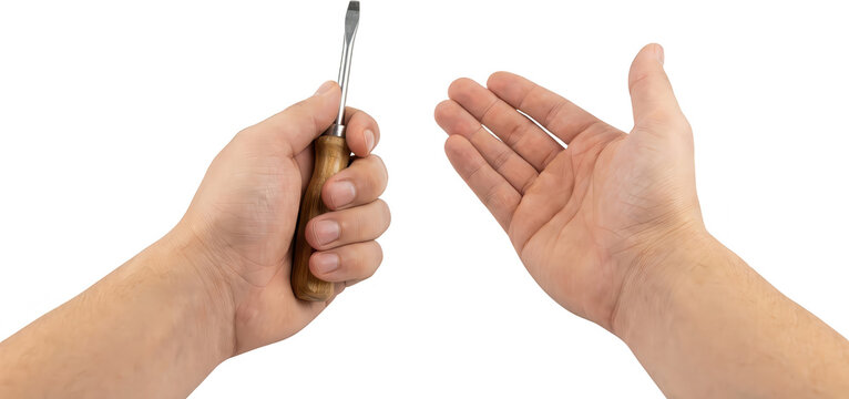 A hand holding a flathead screwdriver poised near an open empty palm suggesting a transfer or readiness for work tool object instrument manual metal wood transparent background