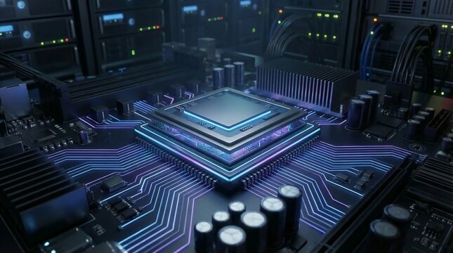 Modern central processing unit glowing with vibrant blue and purple neon lights on a sophisticated circuit board in a high-tech data center environment.