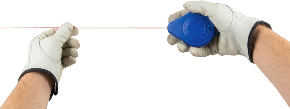 Hands wearing white work gloves hold a blue chalk line reel and taut red string suggesting construction or DIY projects chalk reel string line building transparent background