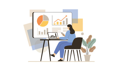 Fototapeta premium Vector illustration of woman presenting business data on whiteboard