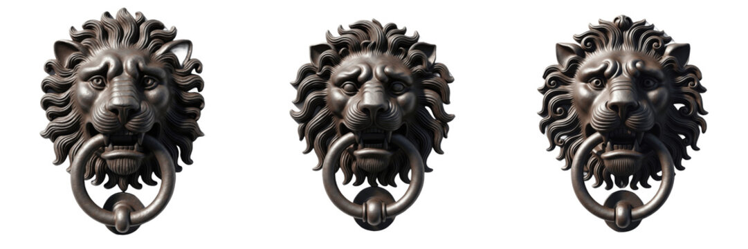 Set and collection of antique bronze lion head door knockers with metal rings for vintage home decor isolated on white transparent png background
