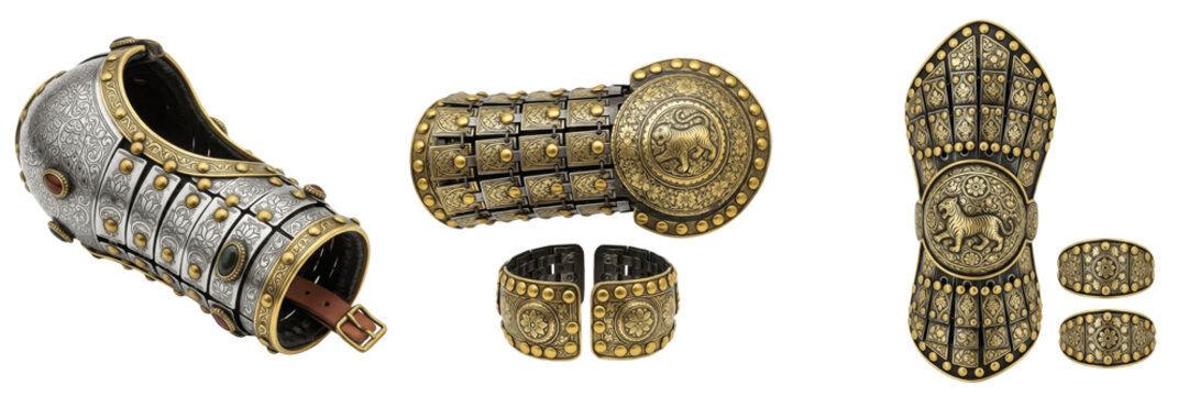 Set and collection of ancient Persian steel warrior bracers and forearm gauntlet armor with intricate gold engravings and sun lion crest isolated on white transparent png background
