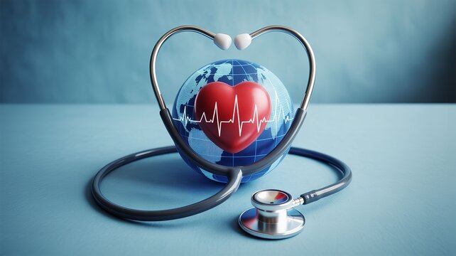 Stethoscope wrapped around a globe with a red heart and electrocardiogram line symbolizing global heart health and medical care on a blue surface