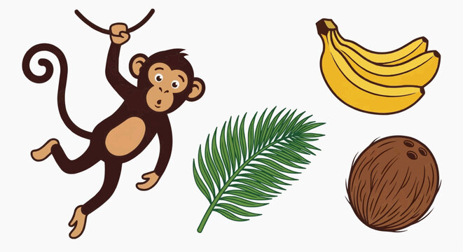 A cute cartoon monkey hanging from a vine with bananas, a palm leaf, and a coconut