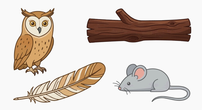 Illustration of an owl, mouse, feather and a piece of wood on a plain background. These nature elements create a scene of woodland creatures. 