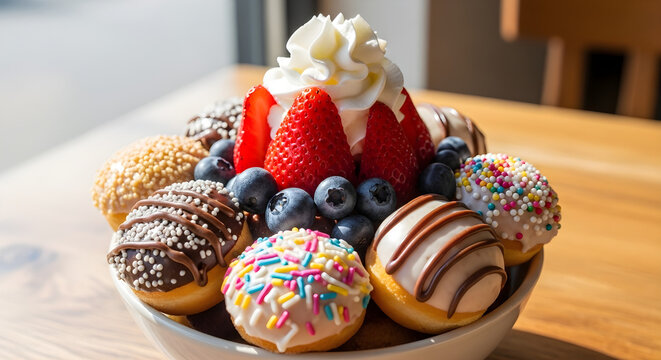 Mini donuts are served with fresh fruit and whipped cream as a combination of light and colorful dessert.