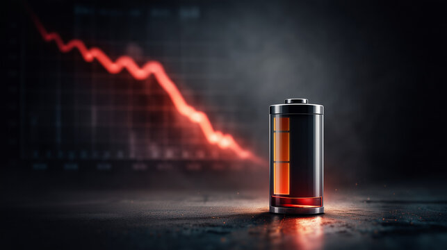 Depleted Power: A lone battery, its energy dwindling alongside a declining graph, portrays the concept of power outage and diminishing resources.