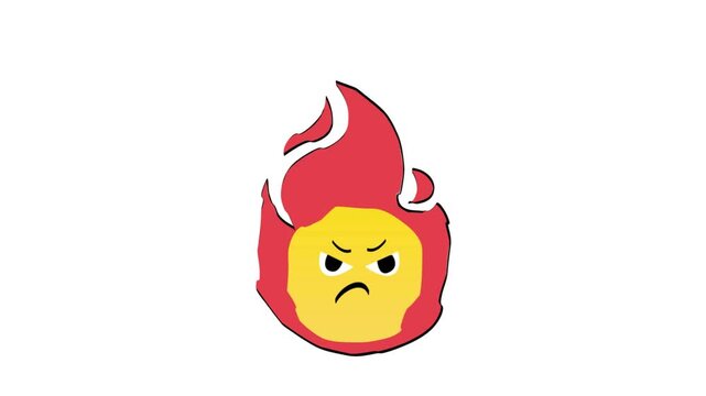 Angry cartoon fireball character with red flames and yellow face blowing smoke from nose isolated on transparent background for game design and icons