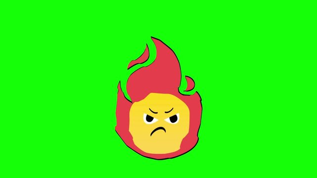 Angry cartoon fireball character with red flames and yellow face blowing smoke from nose isolated on transparent background for game design and icons