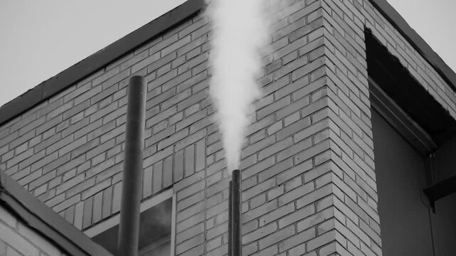 Factory steam. High pressure steam coming out of industrial pipe. Black & white. HD video.