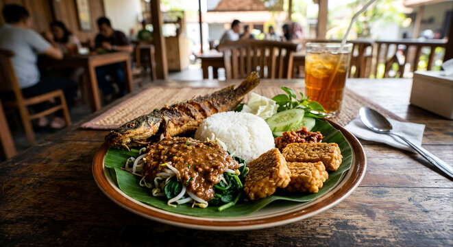 Indonesian food: pecel rice with catfish, vegetables with bean sprouts and peanut sauce. 