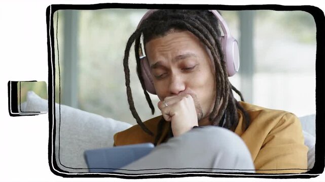 Man wearing headset reacting to phone alert, reading message, drawn TV border framing tech demo