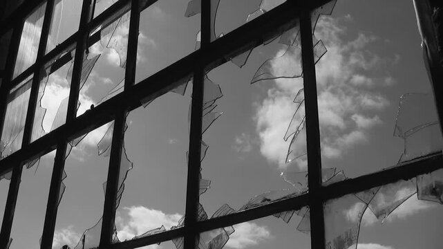Broken window with shards of glass. Black and white real time clouds. HD video. 