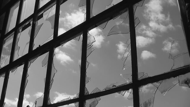 Broken window with shards of glass. Black and white time lapse clouds. HD video. 