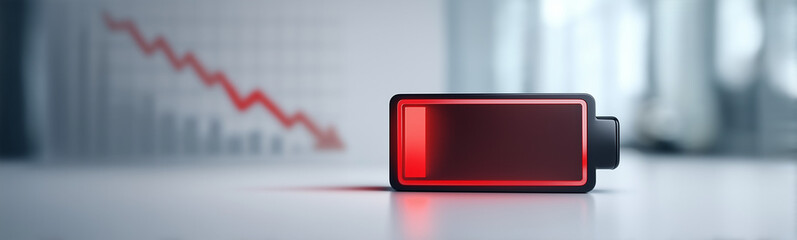 Fototapeta premium Depleted Energy: Metaphorical depiction of a dying battery and a downward graph representing the concept of financial loss. 