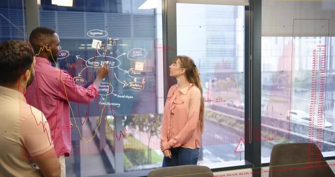 Presenter charting business flow on glass, meeting starting, animated data highlighting nodes