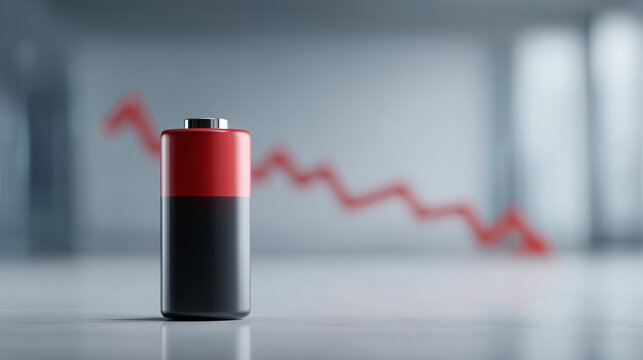 Battery Level Declining: An illustration depicting a battery with decreasing charge, visually complemented by a downward trending line. A metaphor for depletion, reflecting concepts of energy, power.