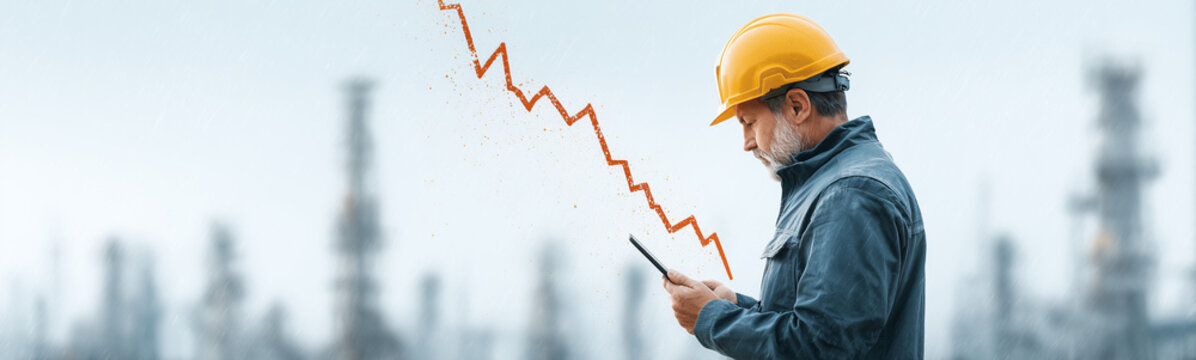 Industry Engineer Analyze Downward Trend: An industry engineer, adorned in a safety helmet, engrossed in the data trend of a falling graph.